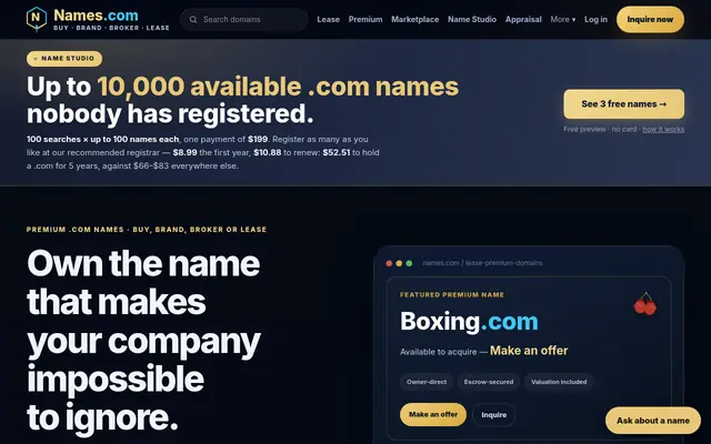 Names.com home page
